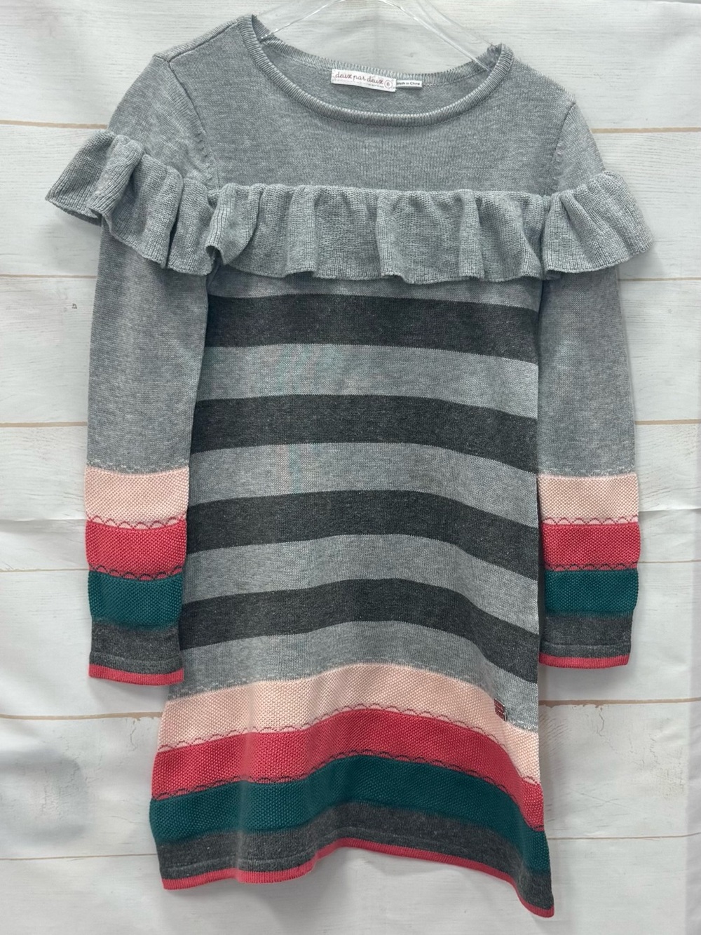 Deux par deux Gray Stripe Ruffle Sweater Dress with Pink & Teal Accents Size 6